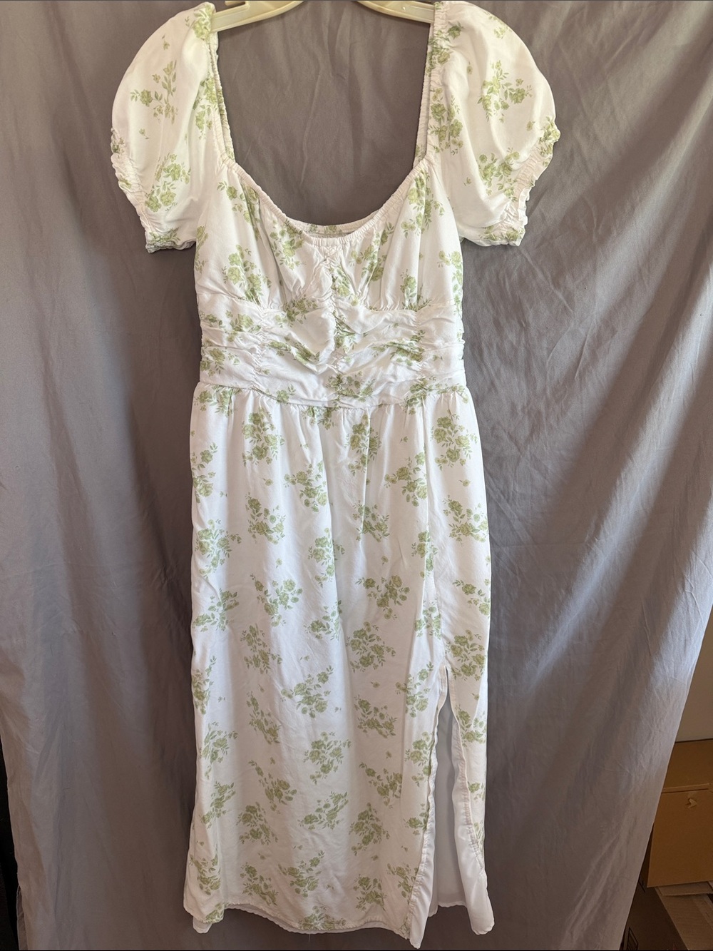 Hollister White Midi Dress with Light Green Floral Print